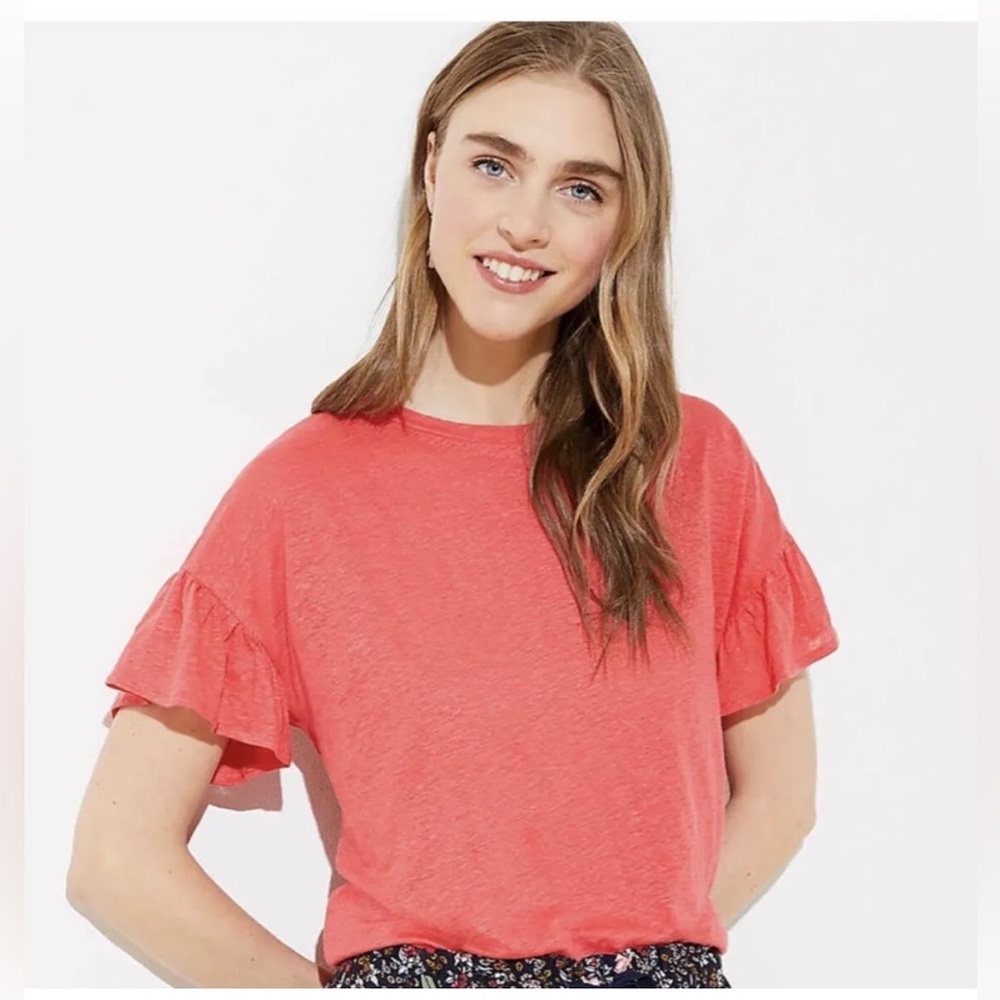 LOFT New with Tags Ruffle Sleeve Linen Tee, XL, Coral